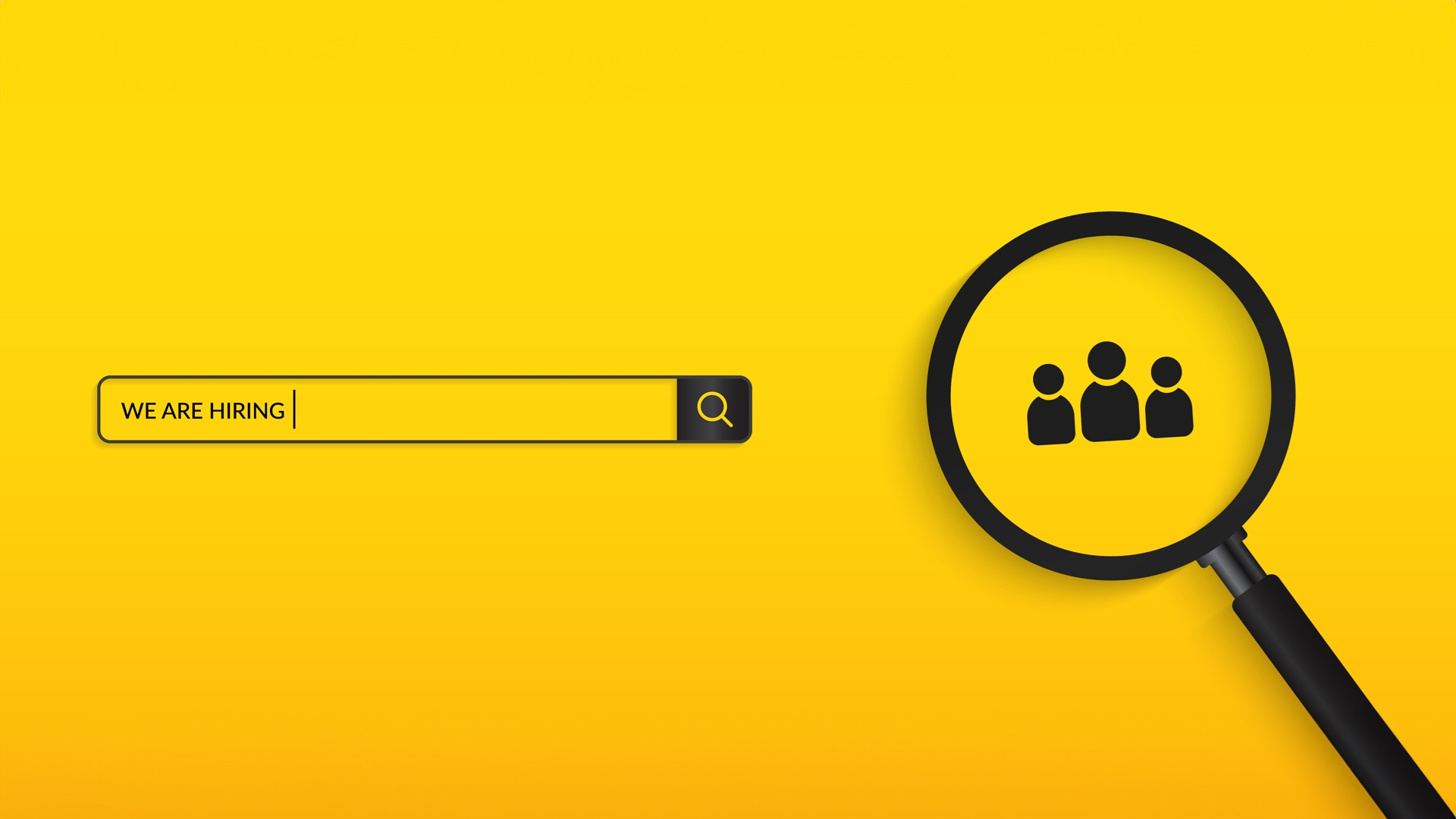 A search bar on the left and a magnifying glass on the left looking at an icon of three people on a yellow background