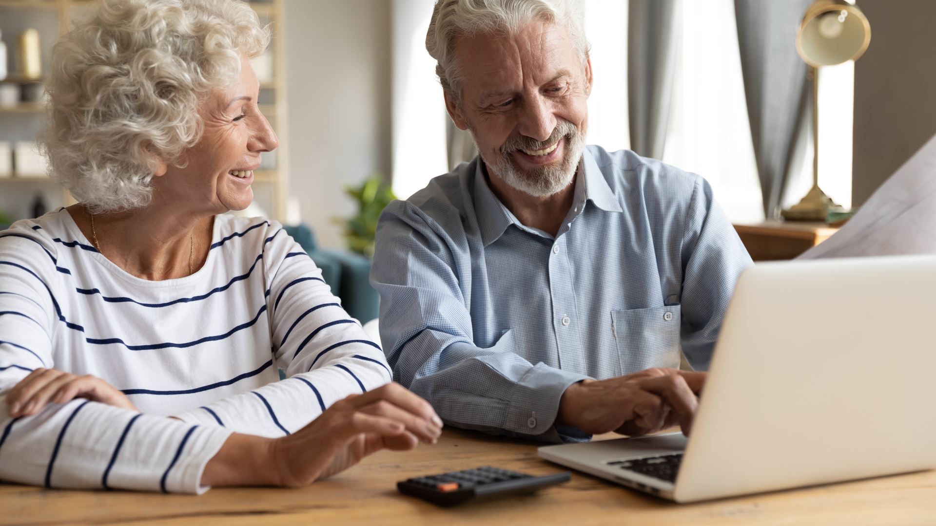 Satisfied elderly couple using laptop and online banking