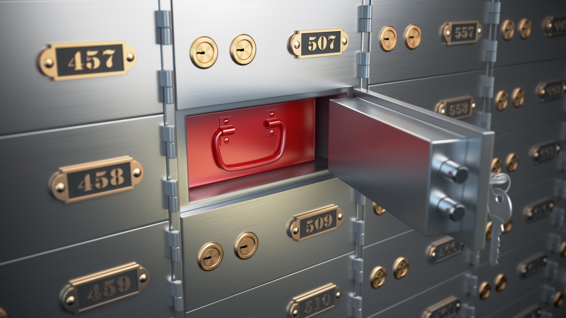 Safe deposit boxes with open one safe cell