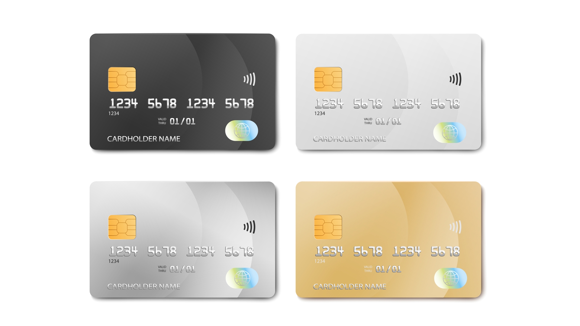 Plastic bank card design template set - isolated credit or debit cards mock up