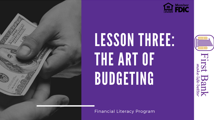 Cover of lesson three the art of budgeting with a picture of someone handing over money.